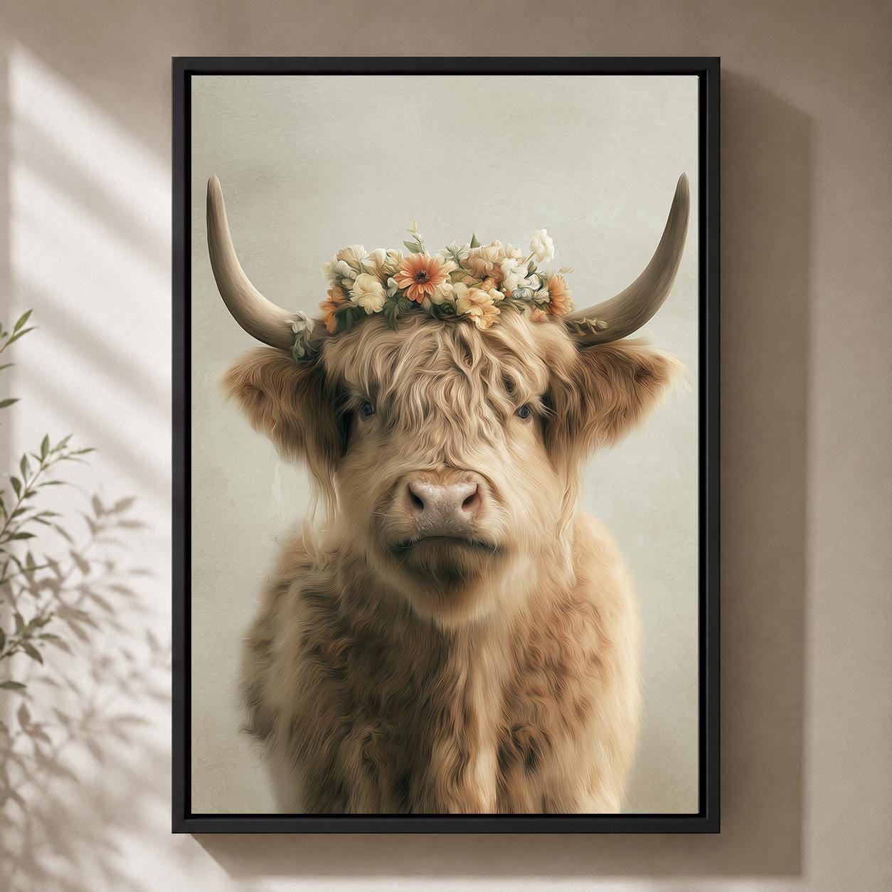 Floral Highland Cow Rustic Farmhouse Neutral Animal Framed Canvas
