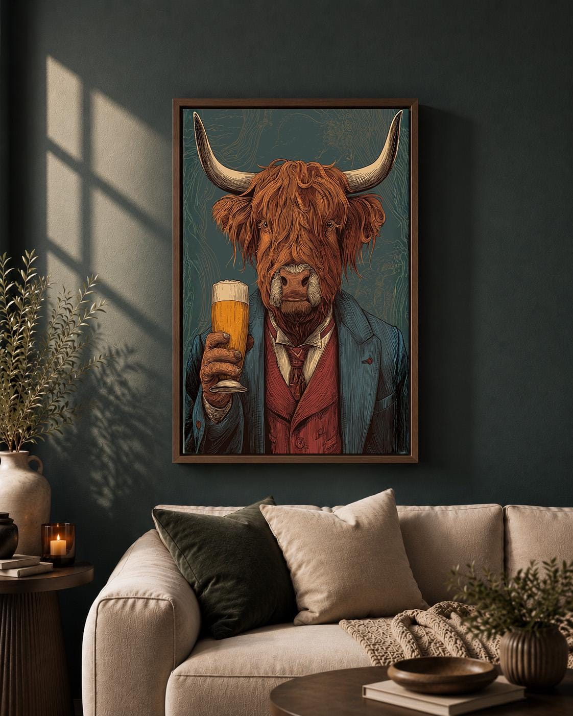 Highland Cow Drinking Beer Rustic Pub Quirky Animal Framed Canvas