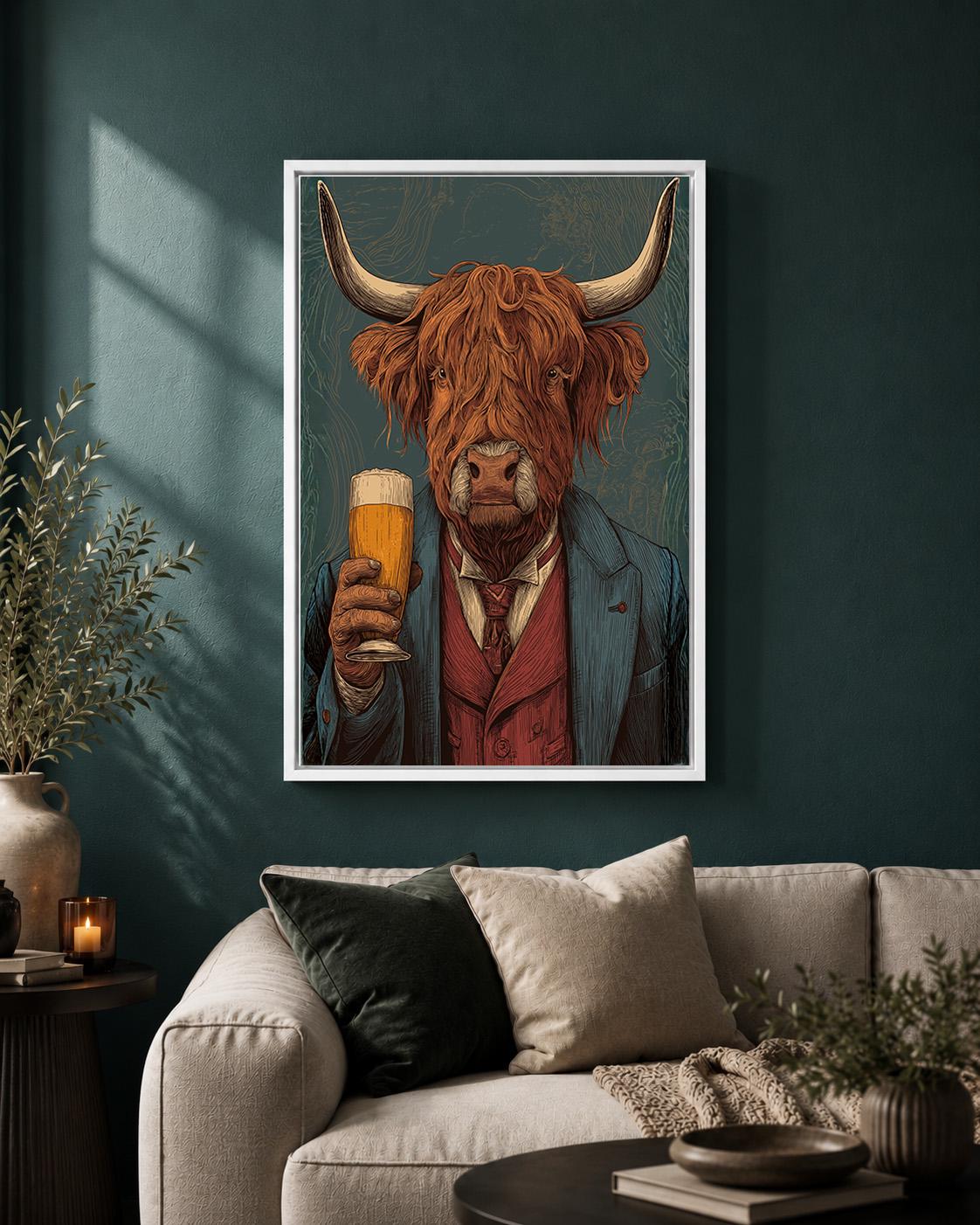 Highland Cow Drinking Beer Rustic Pub Quirky Animal Framed Canvas