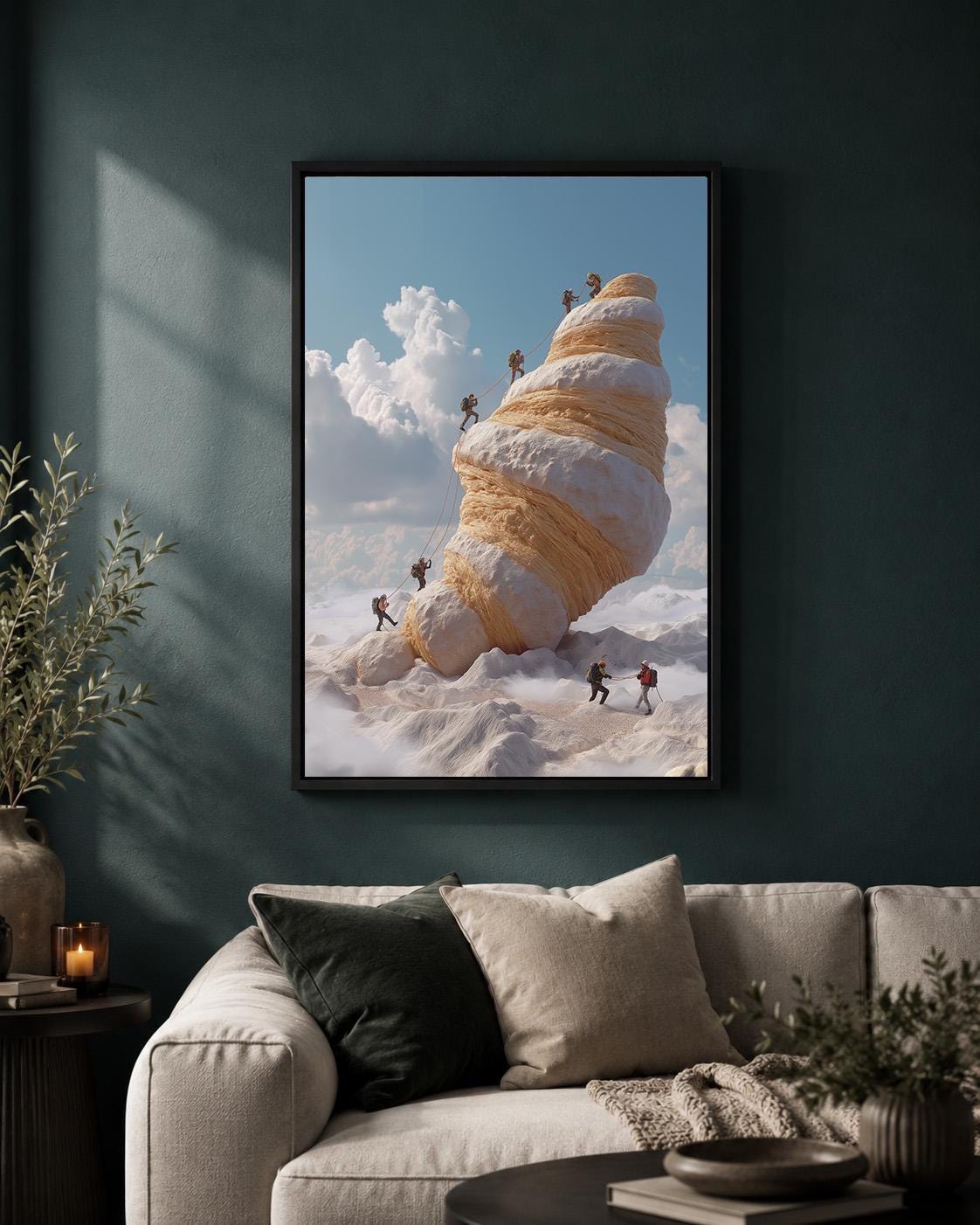 Croissant Mountain Surreal Food Funny Climbing Quirky Kitchen Framed Canvas