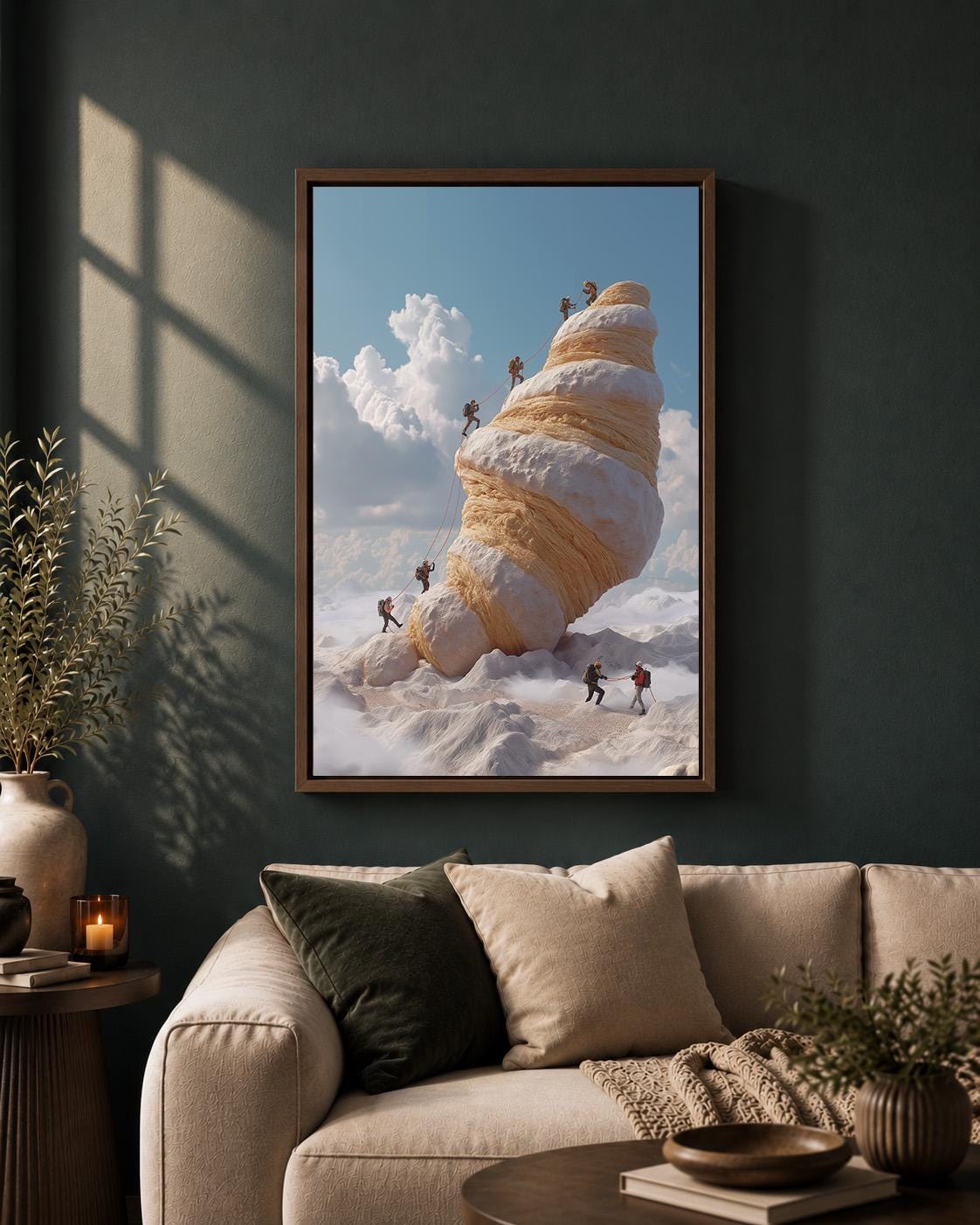 Croissant Mountain Surreal Food Funny Climbing Quirky Kitchen Framed Canvas