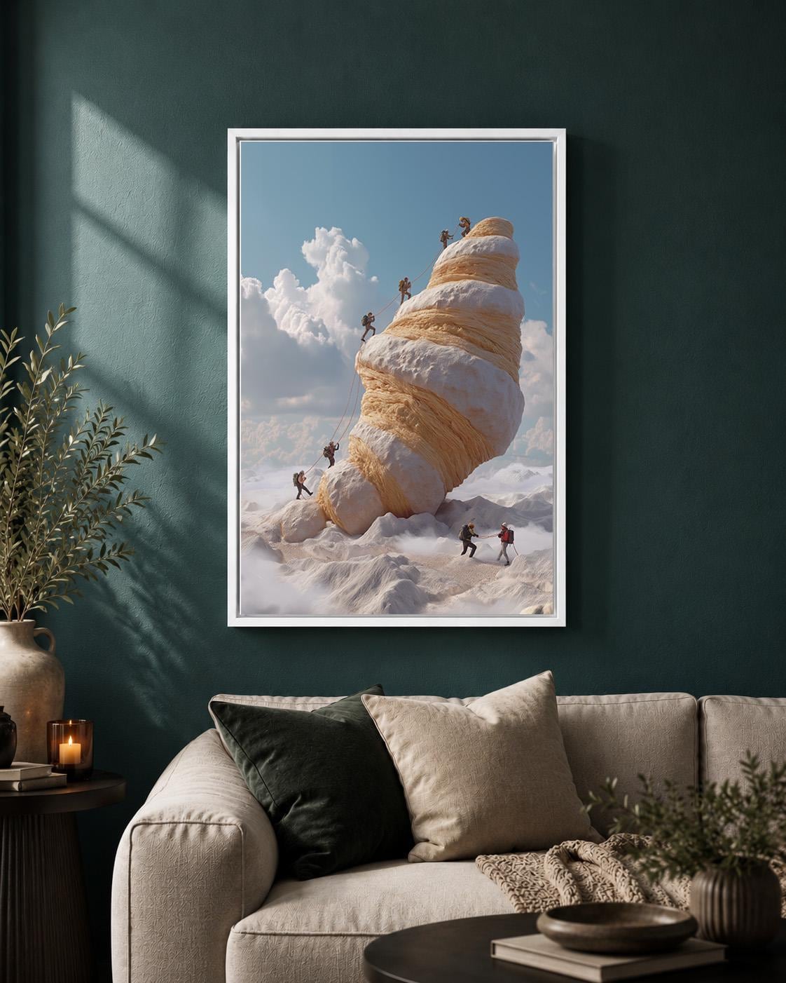 Croissant Mountain Surreal Food Funny Climbing Quirky Kitchen Framed Canvas