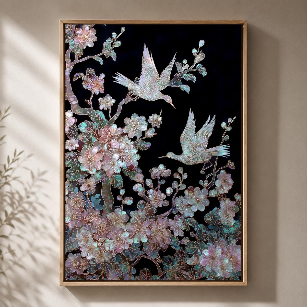 Japanese Crane Blossom Bird Iridescent Floral Oriental Inspired Framed Canvas