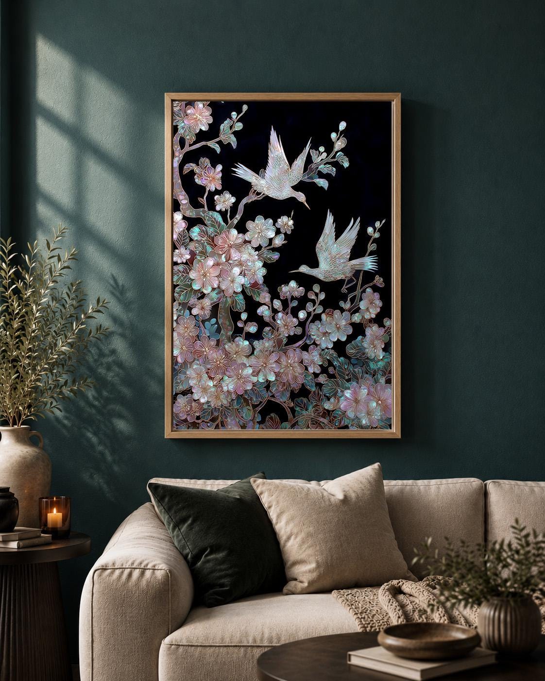 Japanese Crane Blossom Bird Iridescent Floral Oriental Inspired Framed Canvas