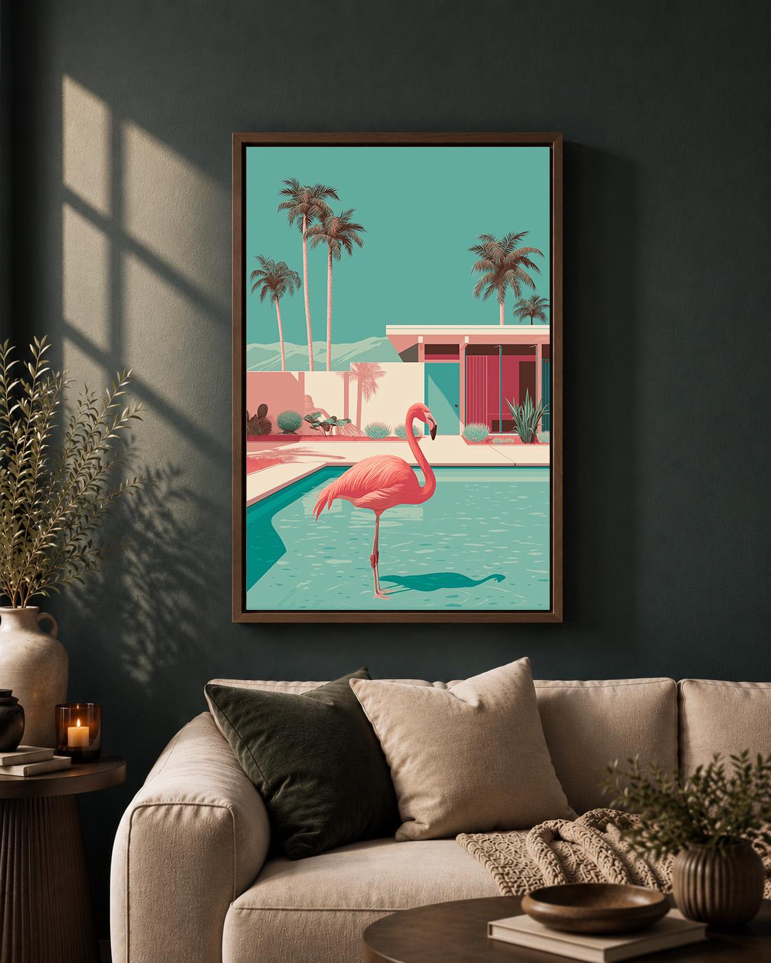 Mid Century Modern Flamingo Pool Retro Tropical Wall Framed Canvas