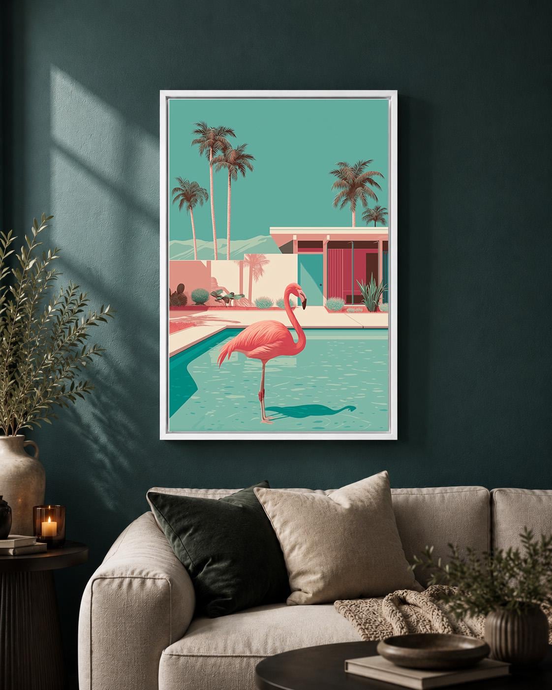Mid Century Modern Flamingo Pool Retro Tropical Wall Framed Canvas