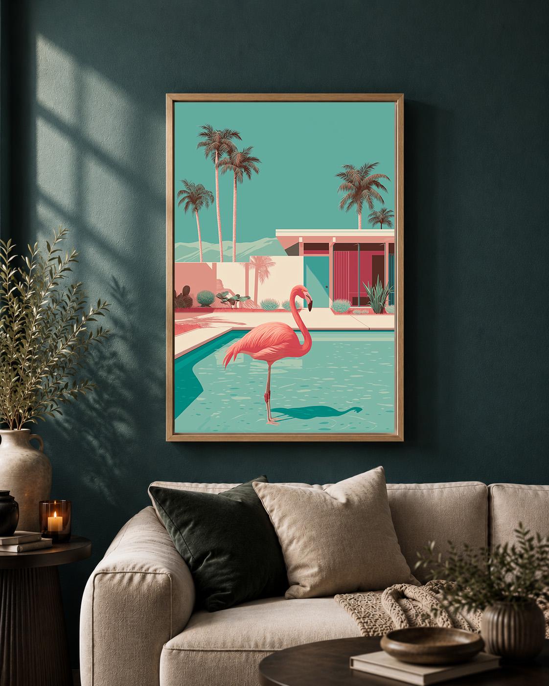 Mid Century Modern Flamingo Pool Retro Tropical Wall Framed Canvas