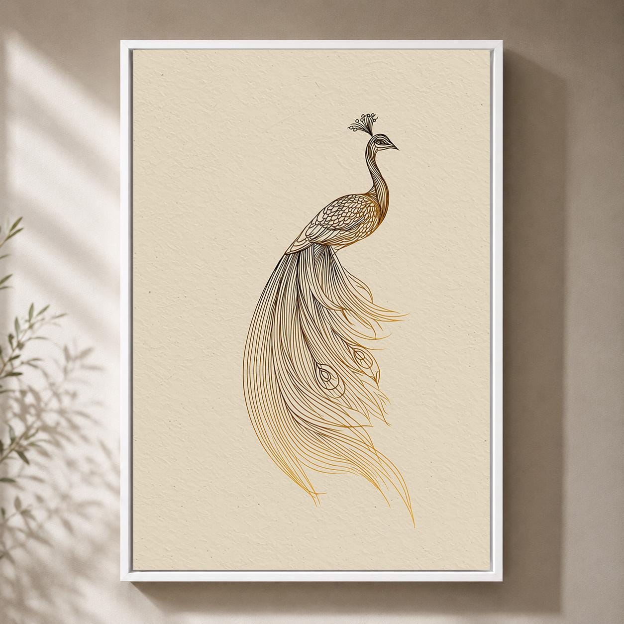 Gold Peacock Line ArtMinimalist Bird Art Deco Framed Canvas