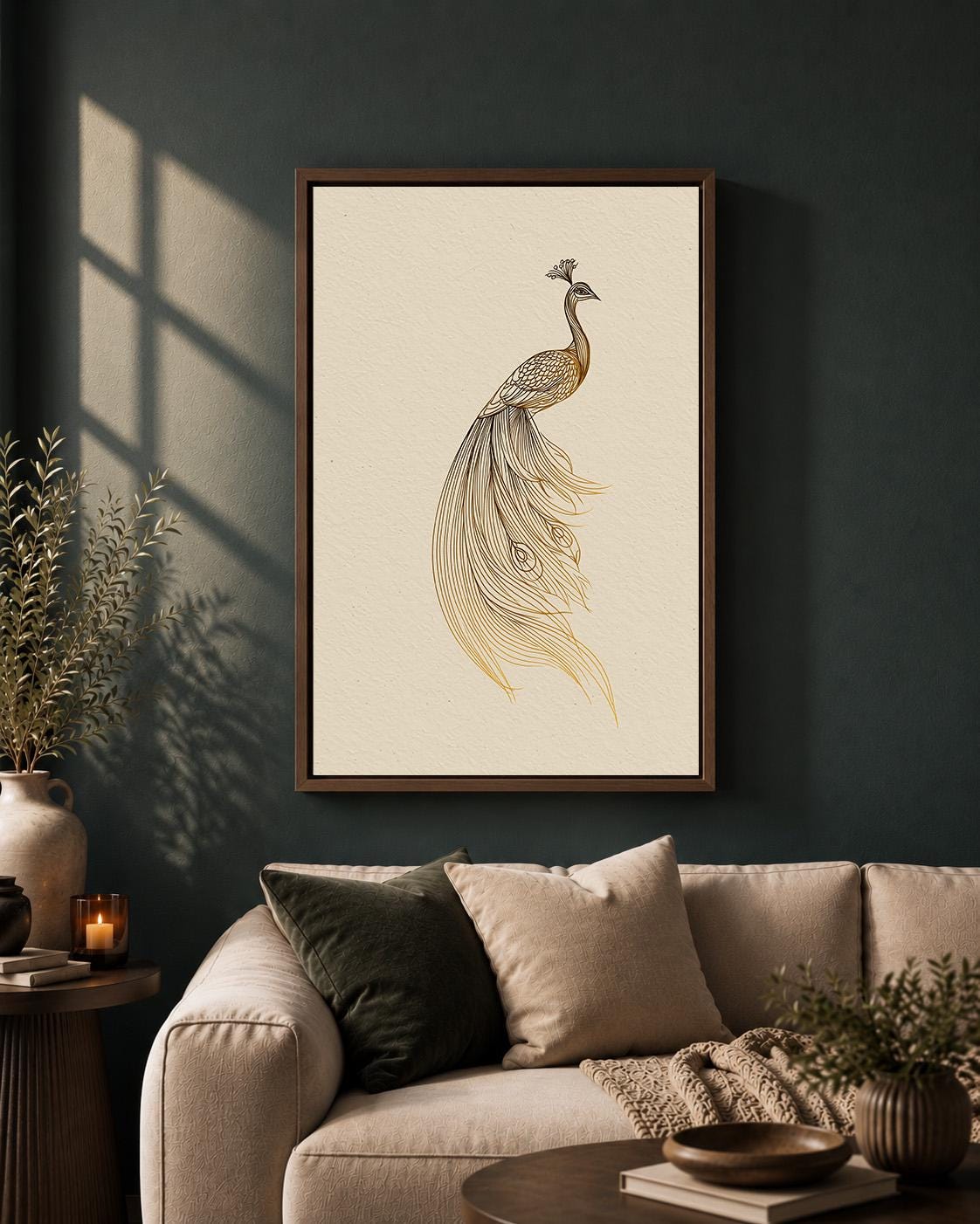 Gold Peacock Line ArtMinimalist Bird Art Deco Framed Canvas