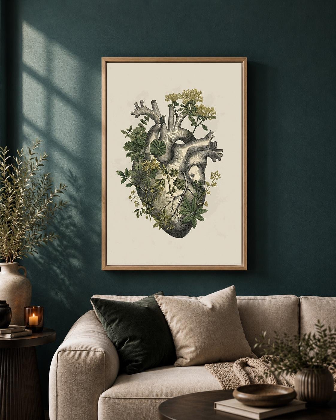 Botanical Heart Vintage Anatomy Print Gothic Medical Illustration Framed Canvas
