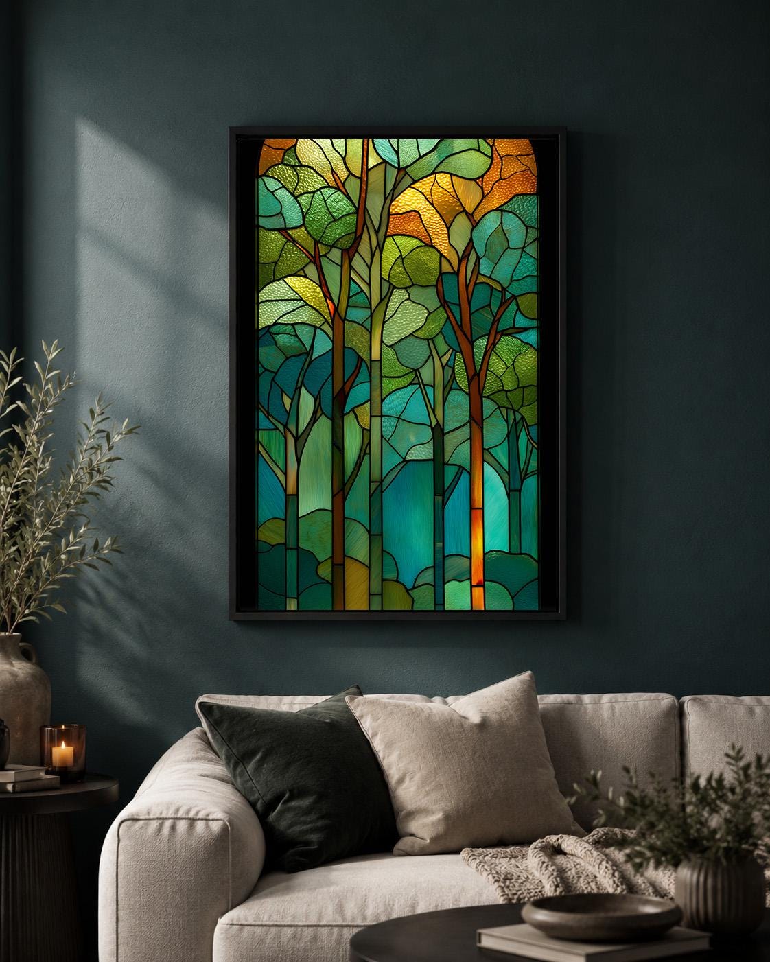Stained Glass Effect Forest Art Nouveau Woodland Green Tree Framed Canvas