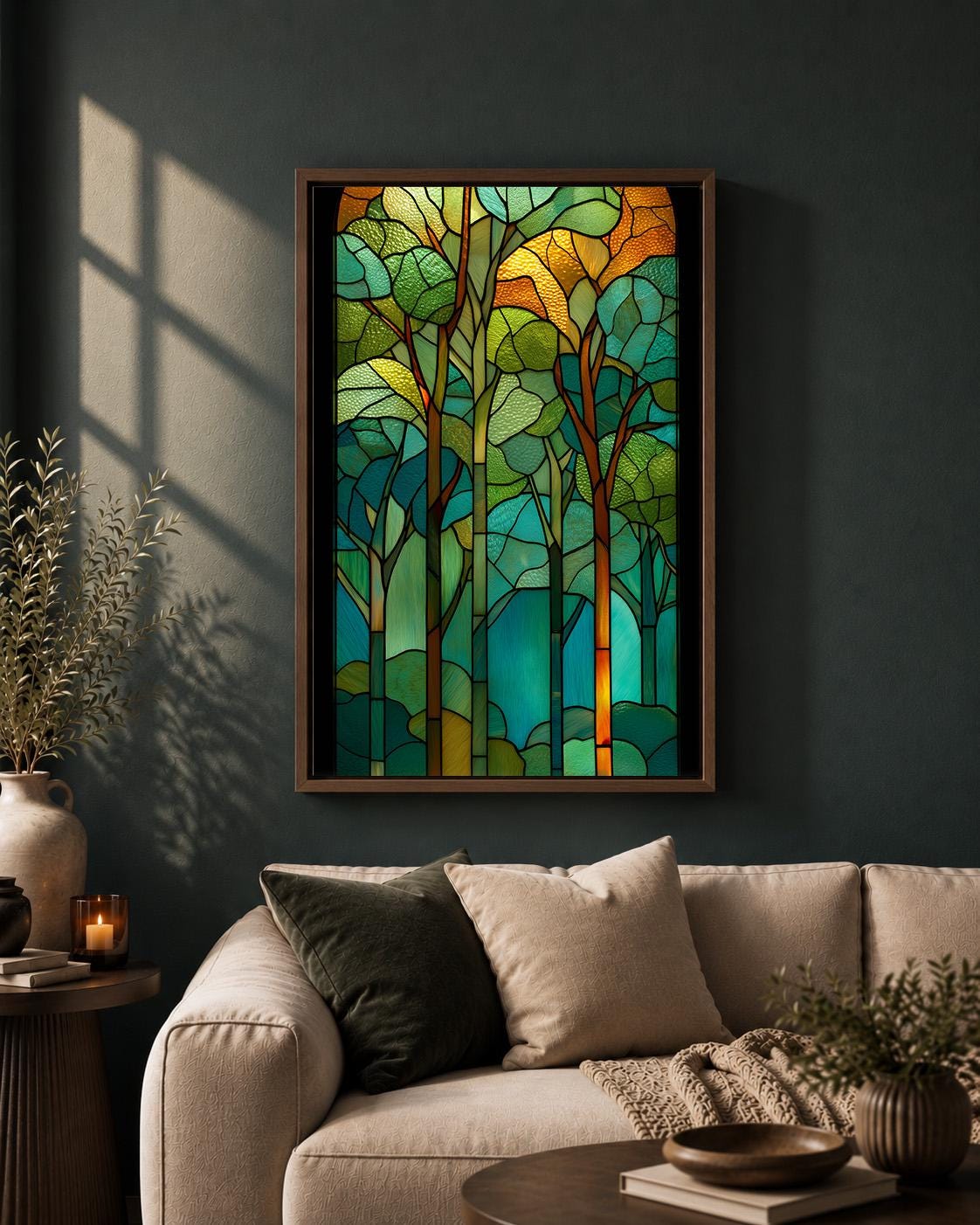 Stained Glass Effect Forest Art Nouveau Woodland Green Tree Framed Canvas