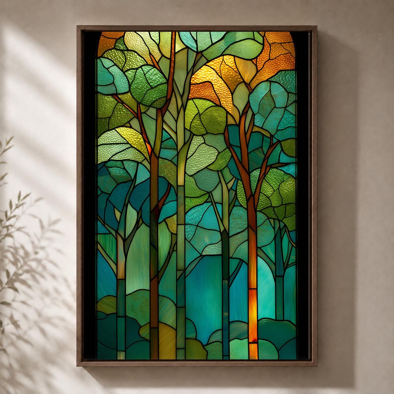 Stained Glass Effect Forest Art Nouveau Woodland Green Tree Framed Canvas
