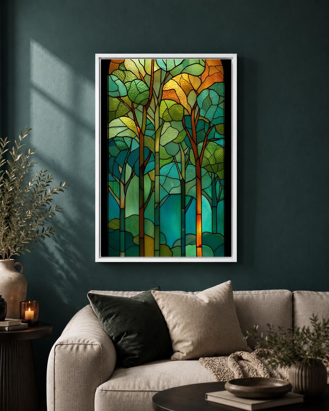 Stained Glass Effect Forest Art Nouveau Woodland Green Tree Framed Canvas