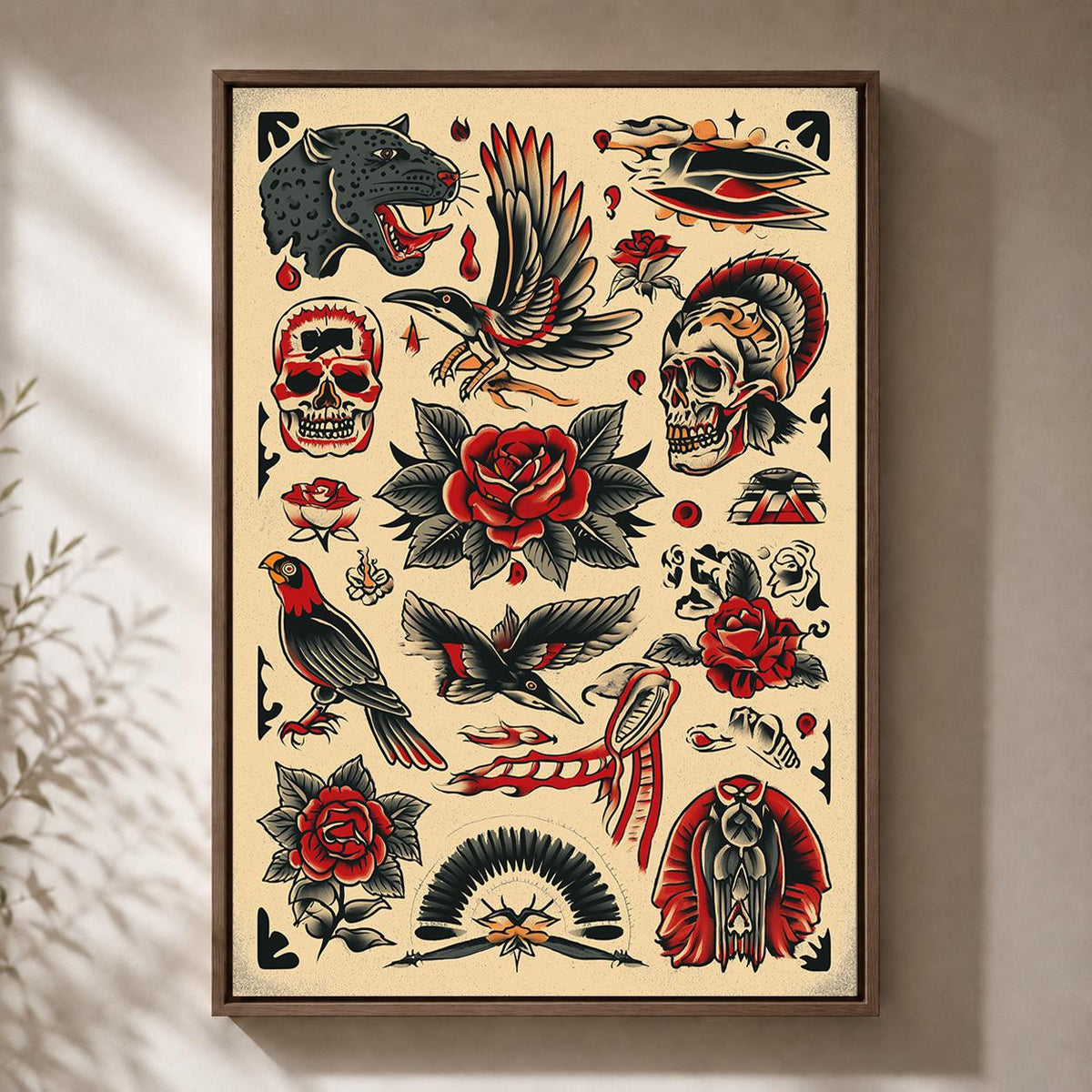 Traditional Tattoo Flash Skull Rose Panther Vintage Old School Tattoo Framed Canvas