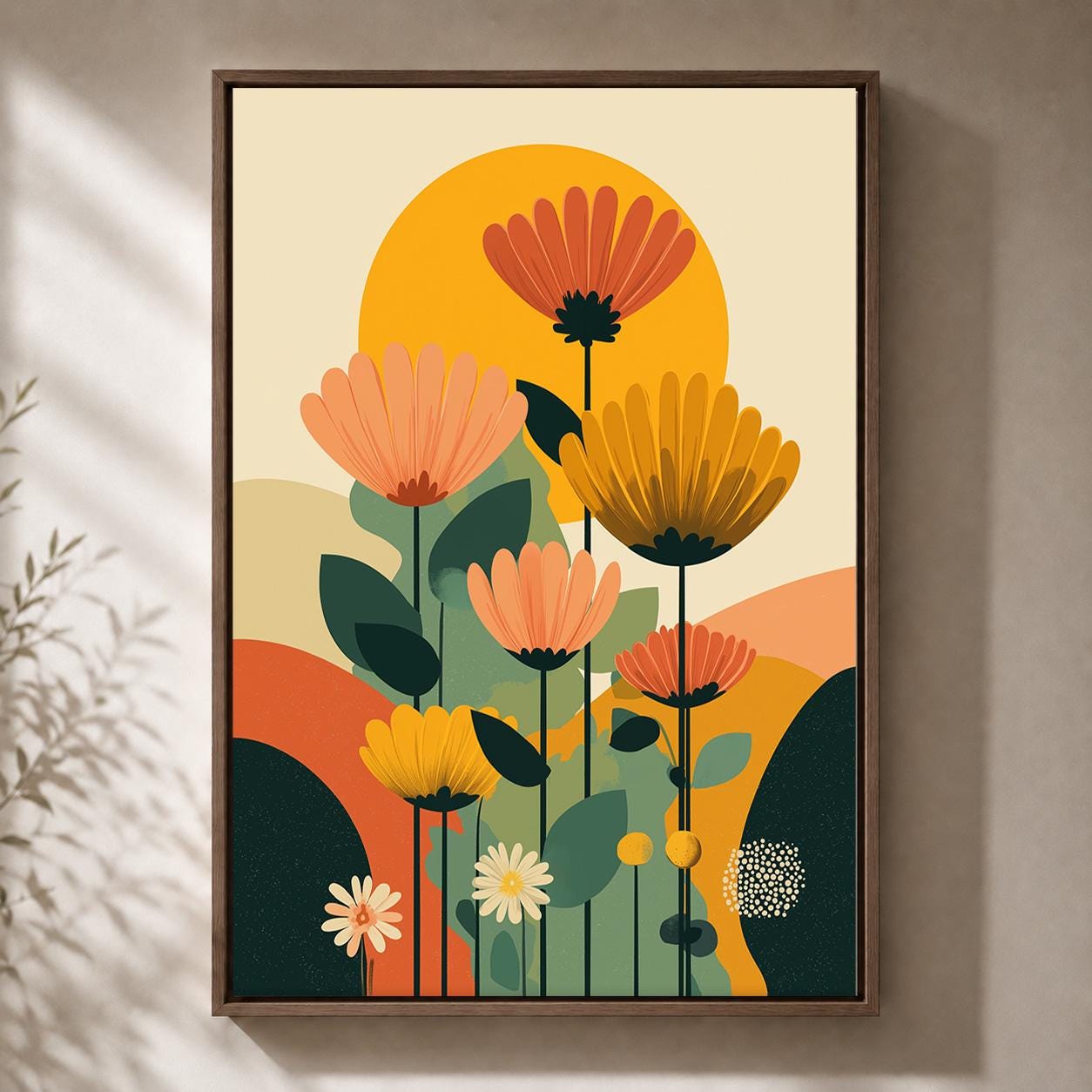 Mid Century Modern Floral Retro Scandinavian Flower Framed Canvas