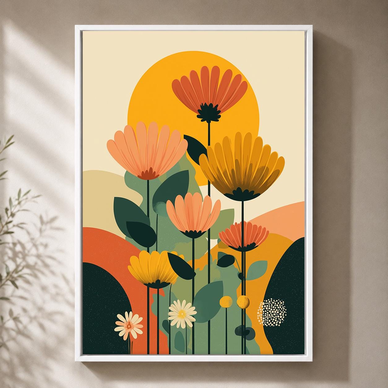 Mid Century Modern Floral Retro Scandinavian Flower Framed Canvas
