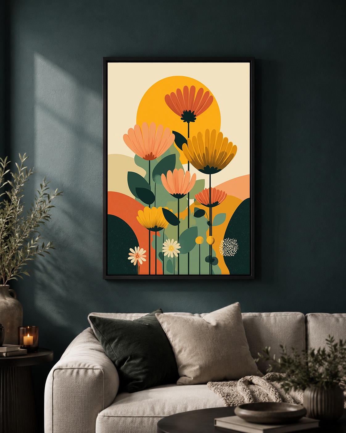 Mid Century Modern Floral Retro Scandinavian Flower Framed Canvas