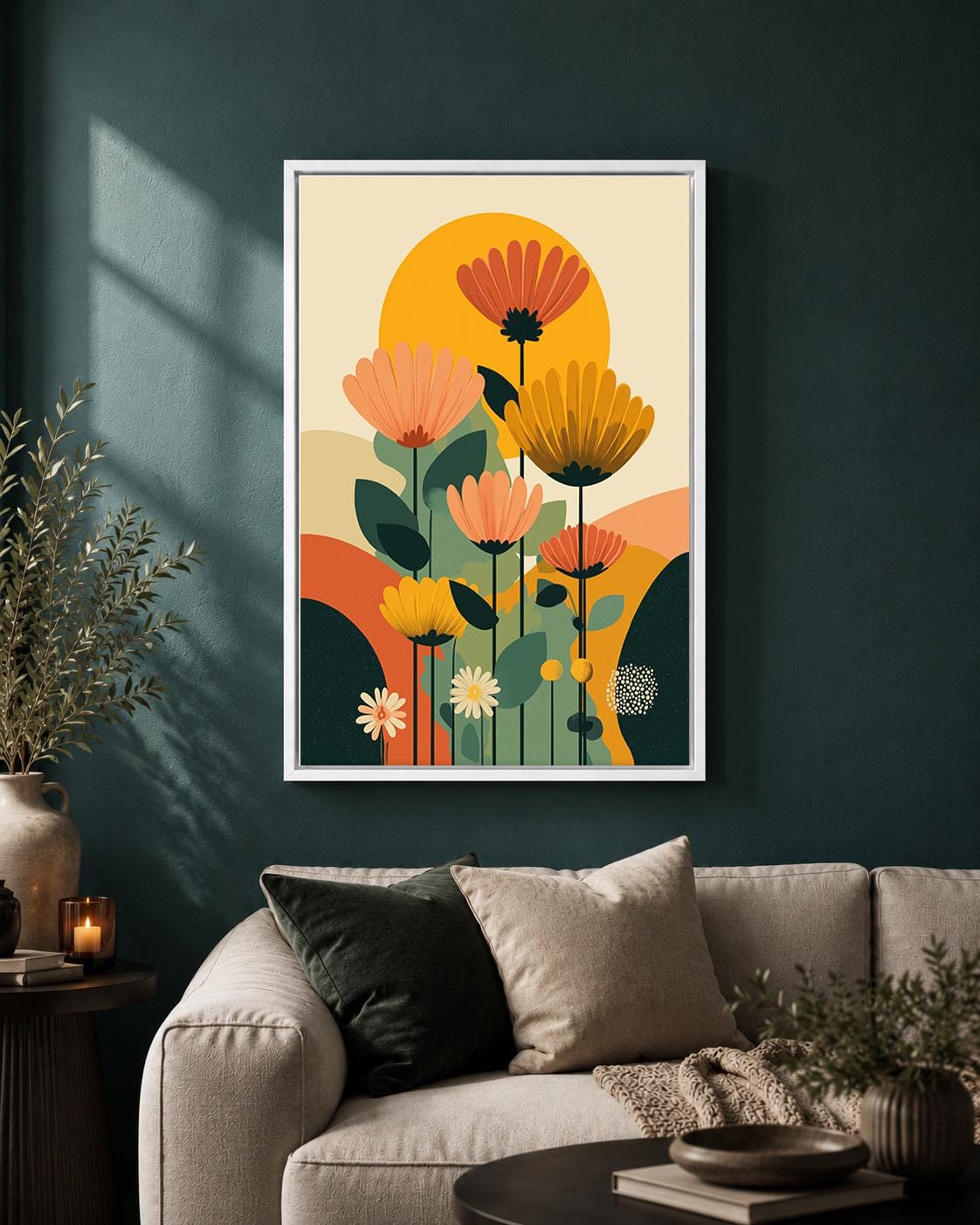 Mid Century Modern Floral Retro Scandinavian Flower Framed Canvas