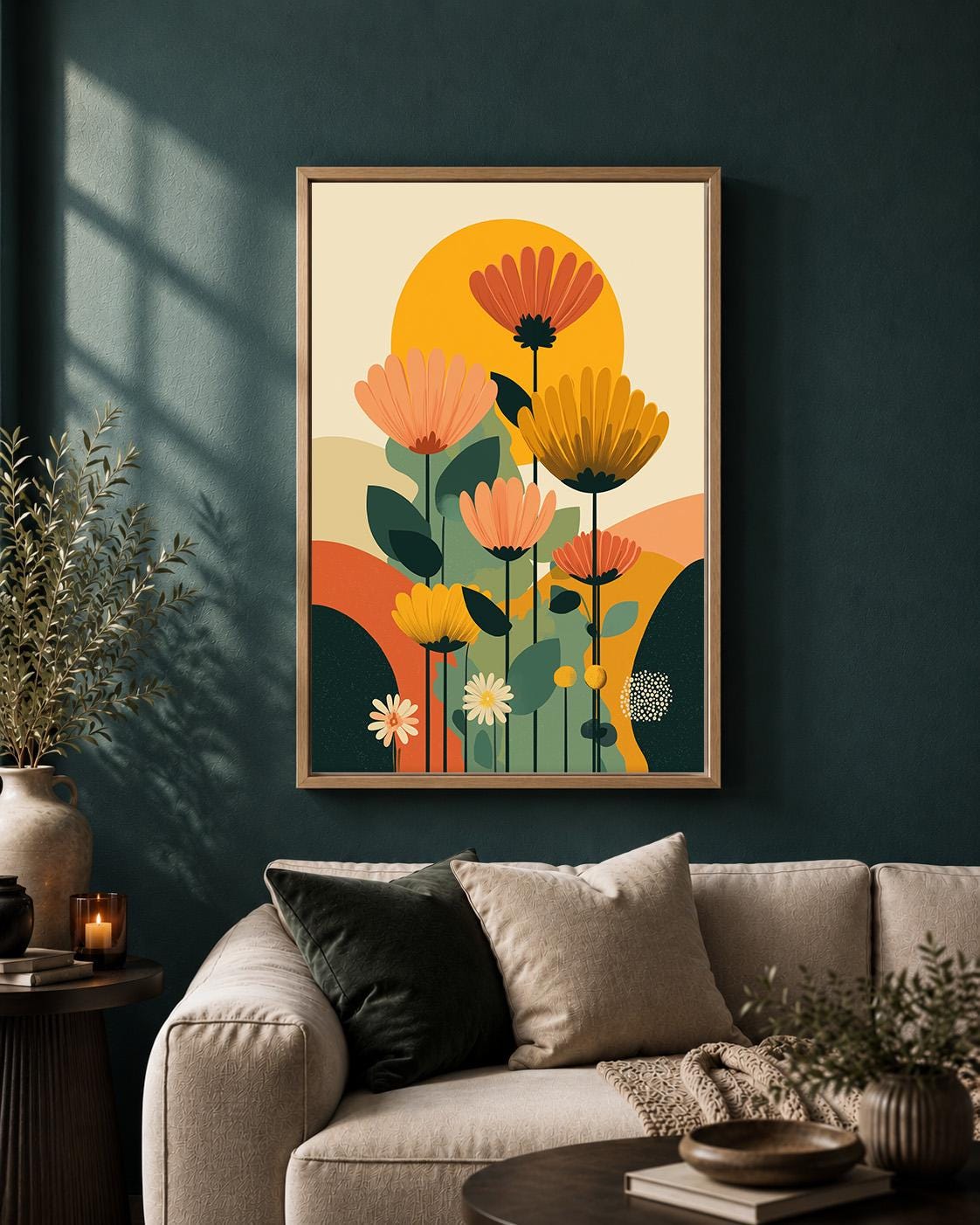 Mid Century Modern Floral Retro Scandinavian Flower Framed Canvas