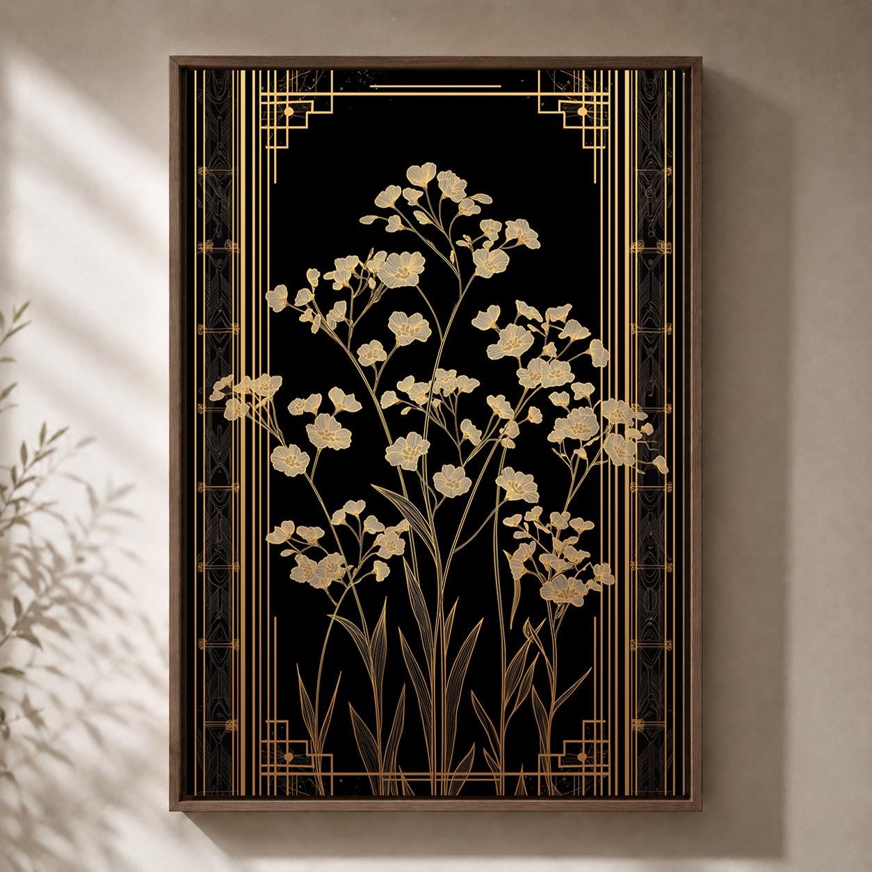 Art Deco Wildflower Black and Gold Floral Elegant Botanical Framed Canvas