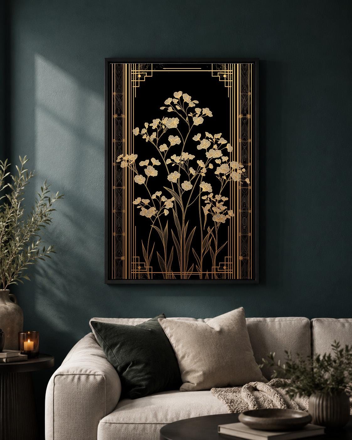 Art Deco Wildflower Black and Gold Floral Elegant Botanical Framed Canvas