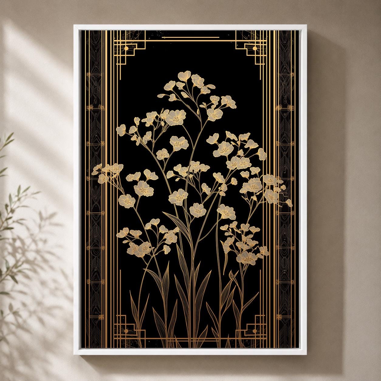 Art Deco Wildflower Black and Gold Floral Elegant Botanical Framed Canvas