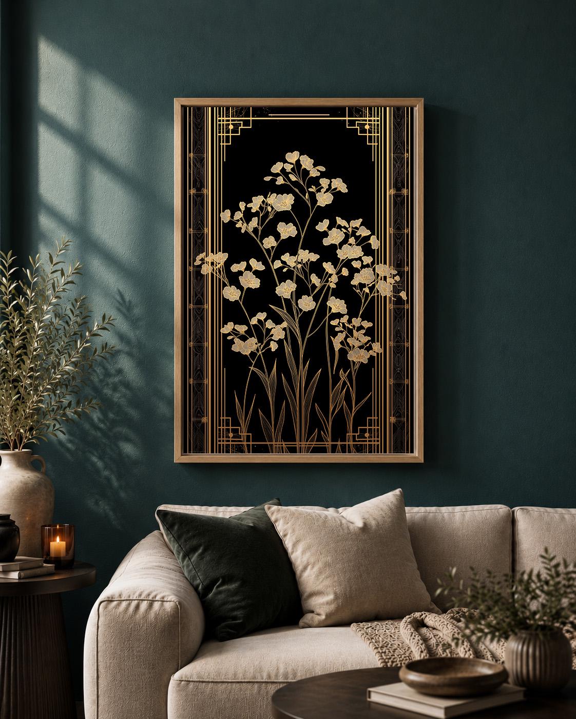 Art Deco Wildflower Black and Gold Floral Elegant Botanical Framed Canvas