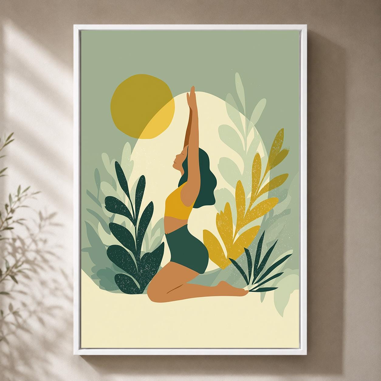 Botanical Yoga Woman Green & Mustard Meditation Framed Canvas
