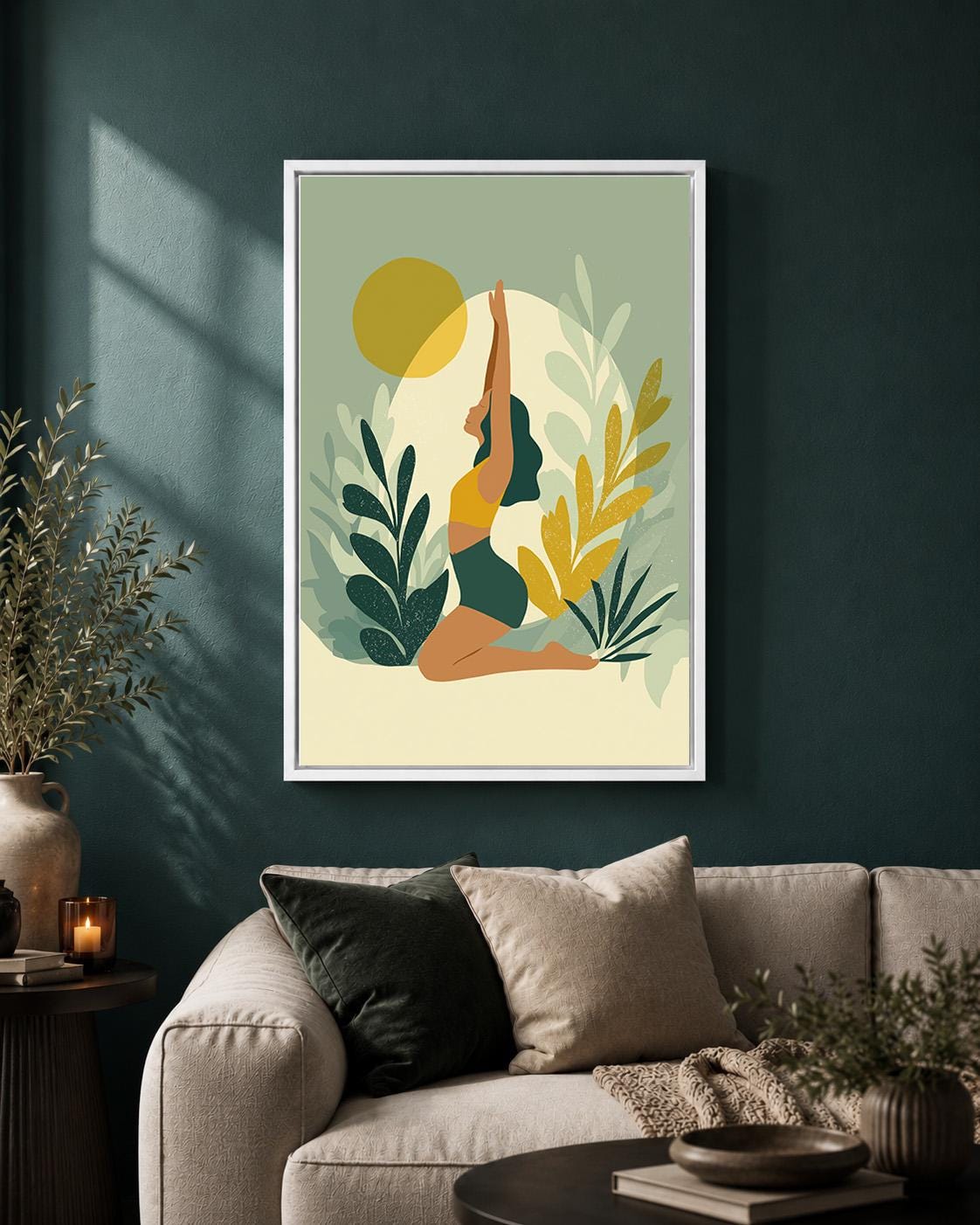 Botanical Yoga Woman Green & Mustard Meditation Framed Canvas