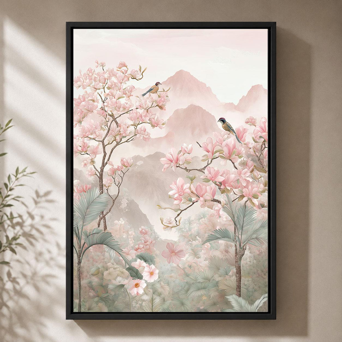 Chinoiserie Landscape Pink Magnolia Bird Pastel Mountain Framed Canvas