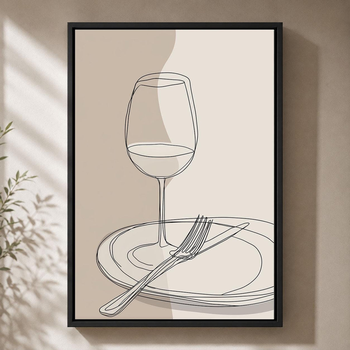 Wine Glass Minimalist Dining Room Neutral Kitchen Line Art Framed Canvas