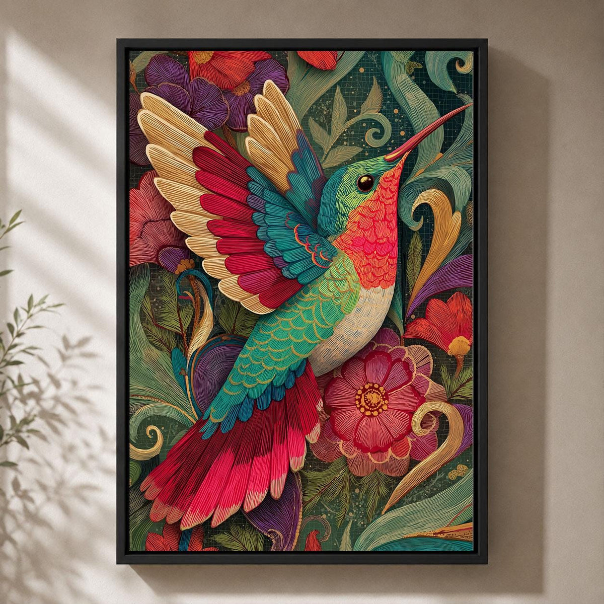 Hummingbird Colourful Floral Maximalist Folk Art Tropical Framed Canvas