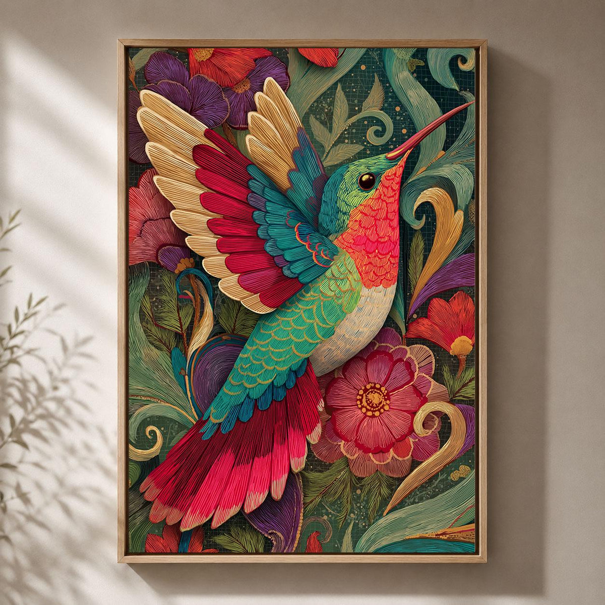 Hummingbird Colourful Floral Maximalist Folk Art Tropical Framed Canvas