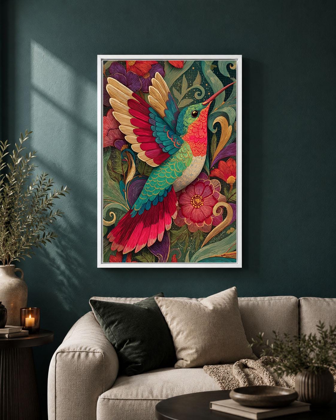 Hummingbird Colourful Floral Maximalist Folk Art Tropical Framed Canvas