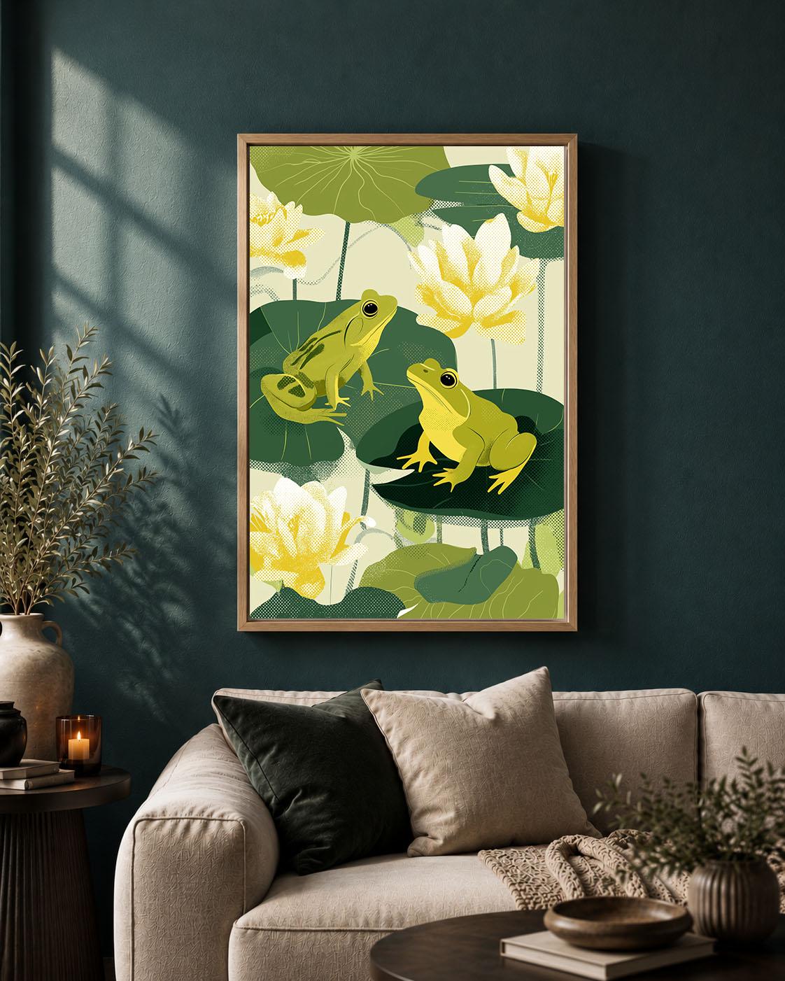 Green Frog Botanical Pond Retro Lily Pad Framed Option