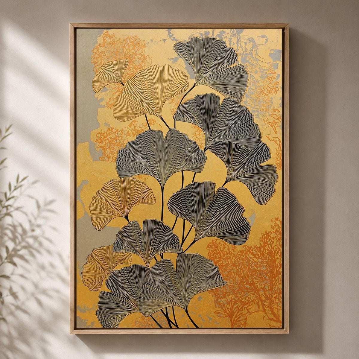 Ginkgo Leaf Gold Black Botanical Framed Canvas