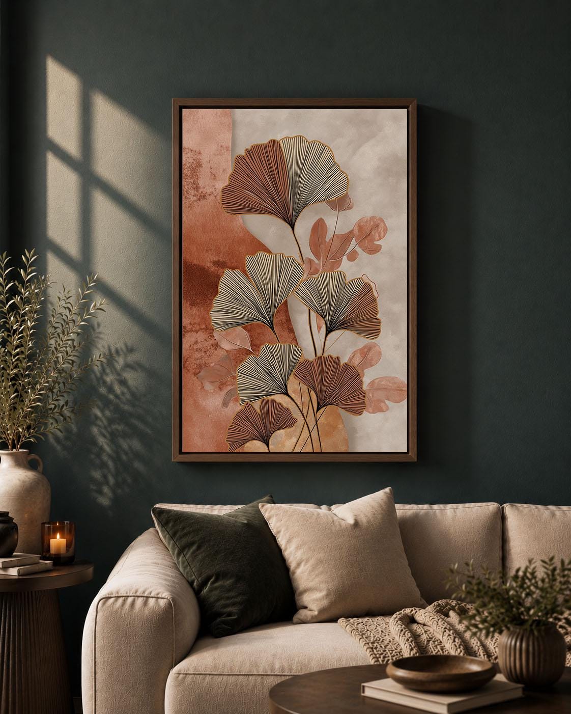 Ginkgo Leaf Terracotta & Beige Modern Boho Framed Canvas