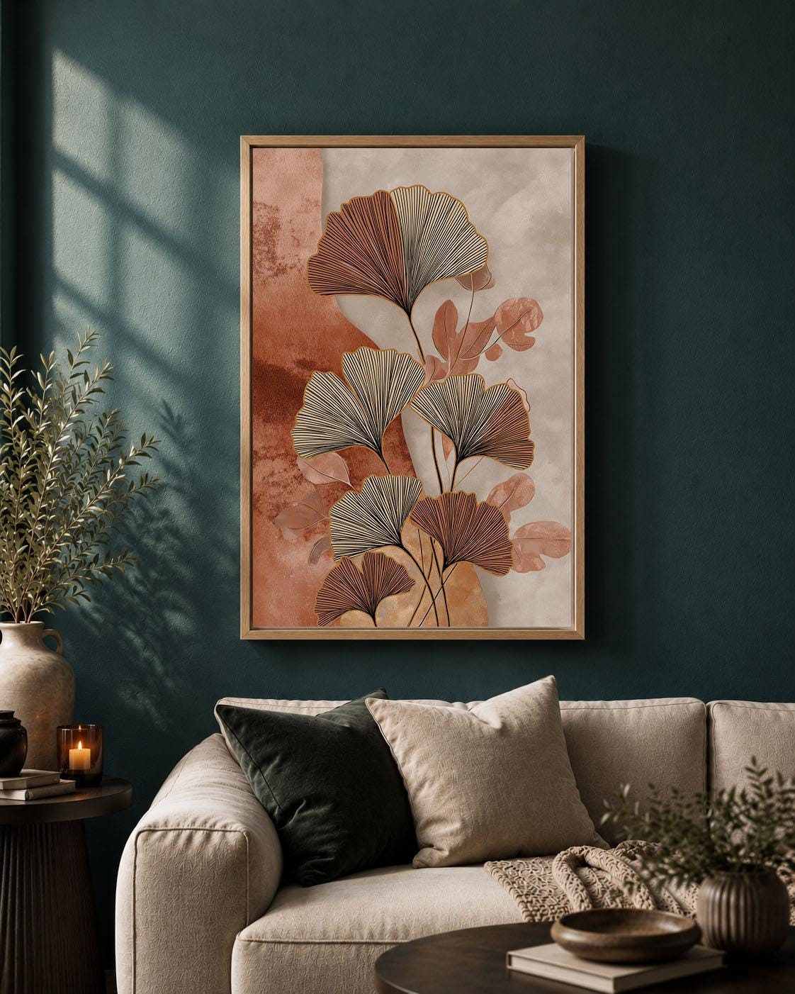 Ginkgo Leaf Terracotta & Beige Modern Boho Framed Canvas