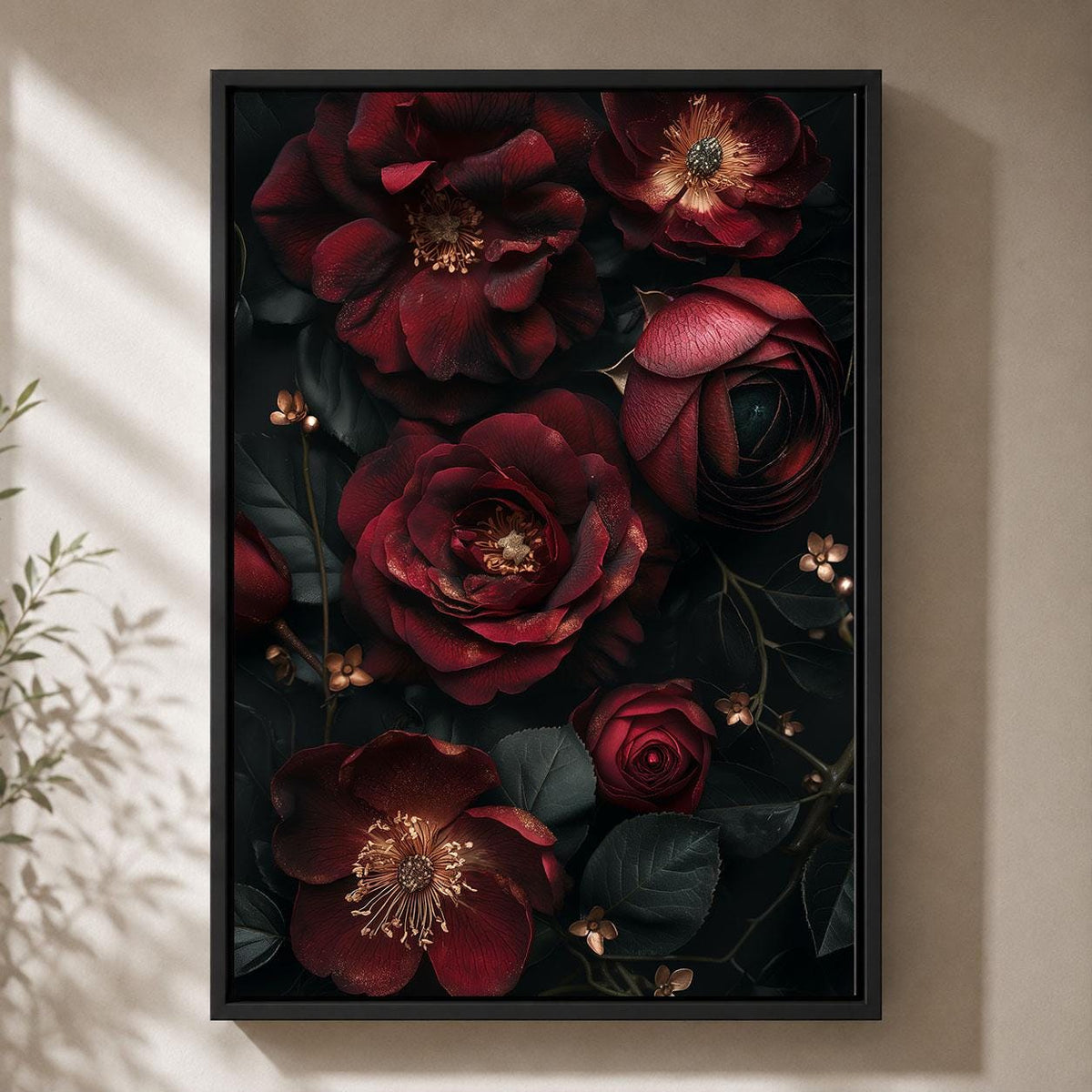 Dark Floral Burgundy Rose Gothic Moody Botanical Dark Academia Framed Canvas