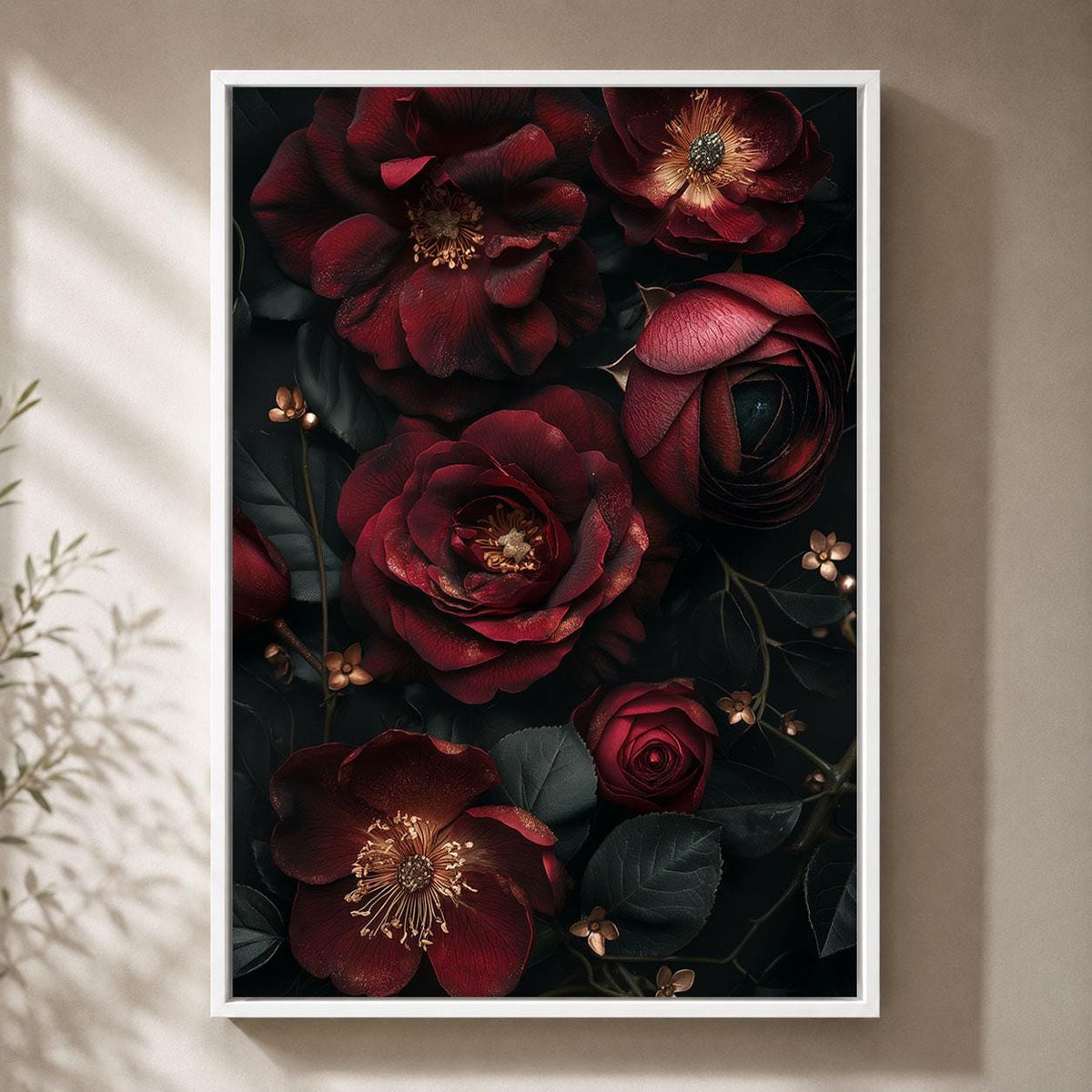 Dark Floral Burgundy Rose Gothic Moody Botanical Dark Academia Framed Canvas