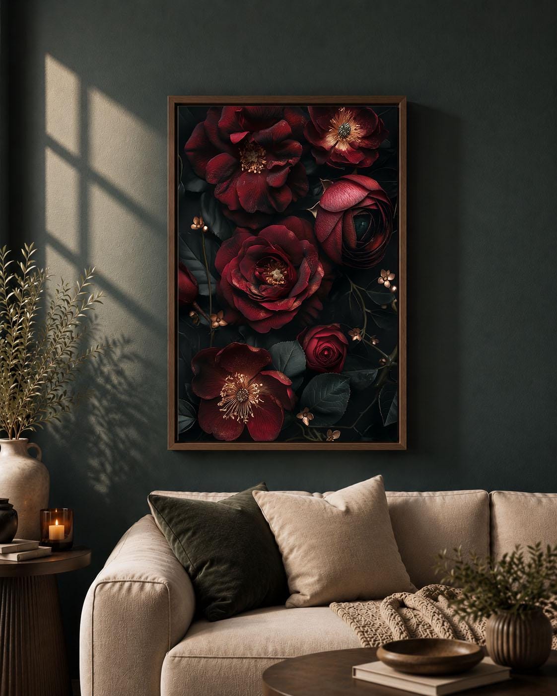 Dark Floral Burgundy Rose Gothic Moody Botanical Dark Academia Framed Canvas