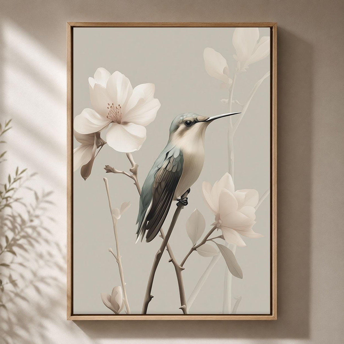 Hummingbird Neutral Floral Elegant Botanical Magnolia Framed Canvas