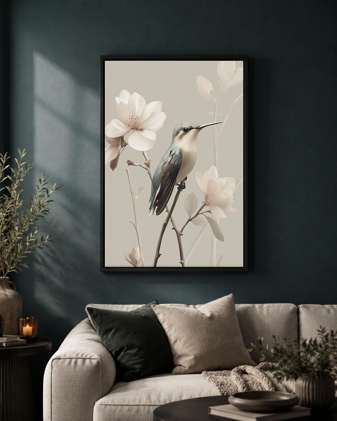 Hummingbird Neutral Floral Elegant Botanical Magnolia Framed Canvas