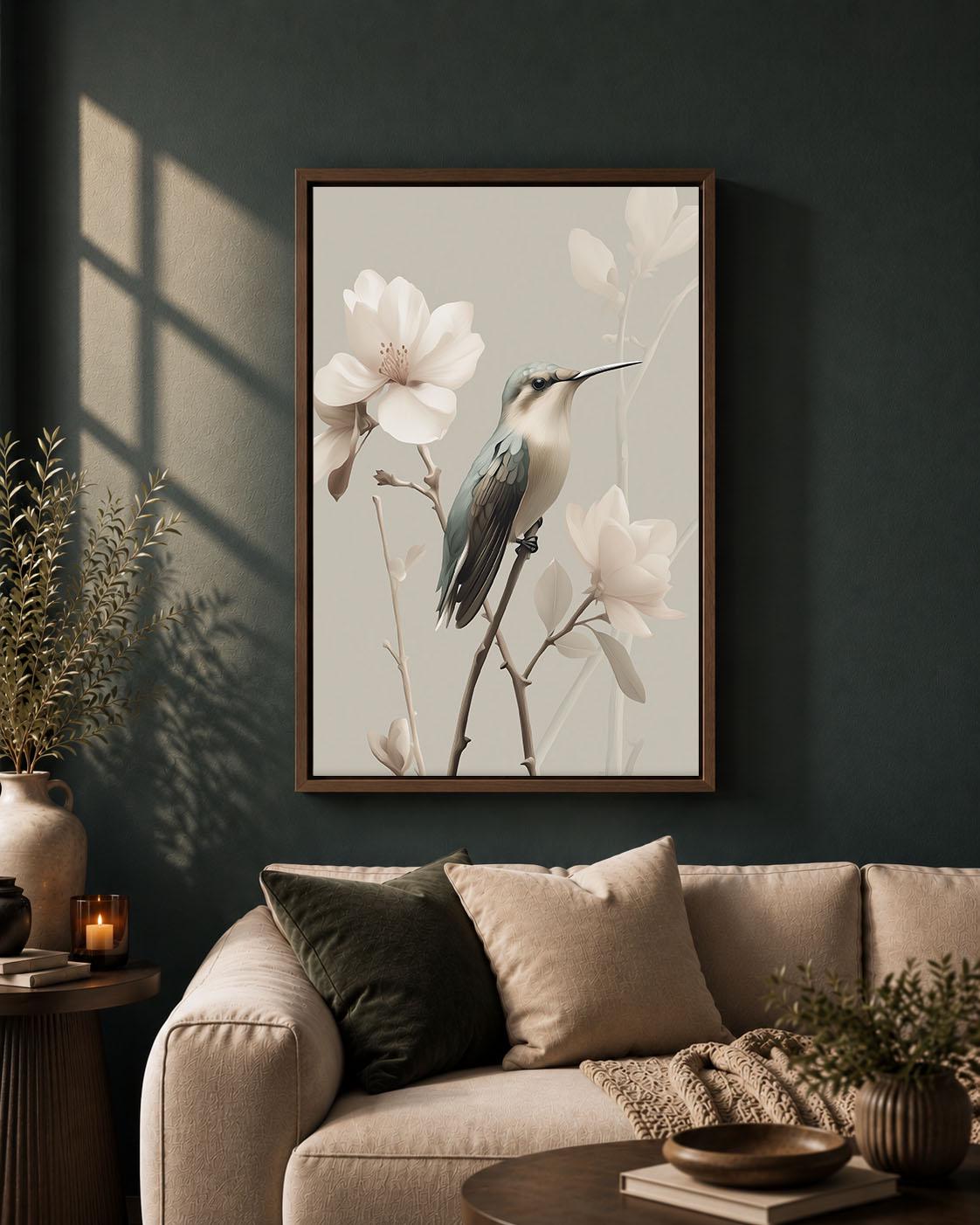 Hummingbird Neutral Floral Elegant Botanical Magnolia Framed Canvas