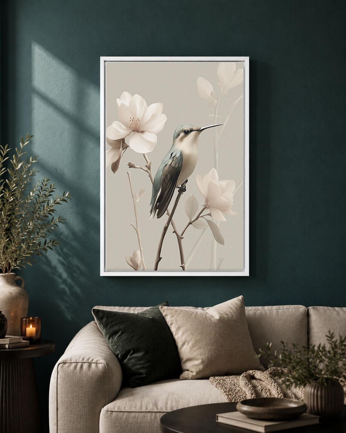Hummingbird Neutral Floral Elegant Botanical Magnolia Framed Canvas
