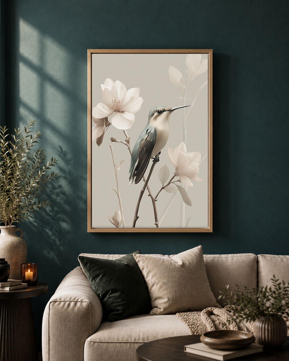 Hummingbird Neutral Floral Elegant Botanical Magnolia Framed Canvas