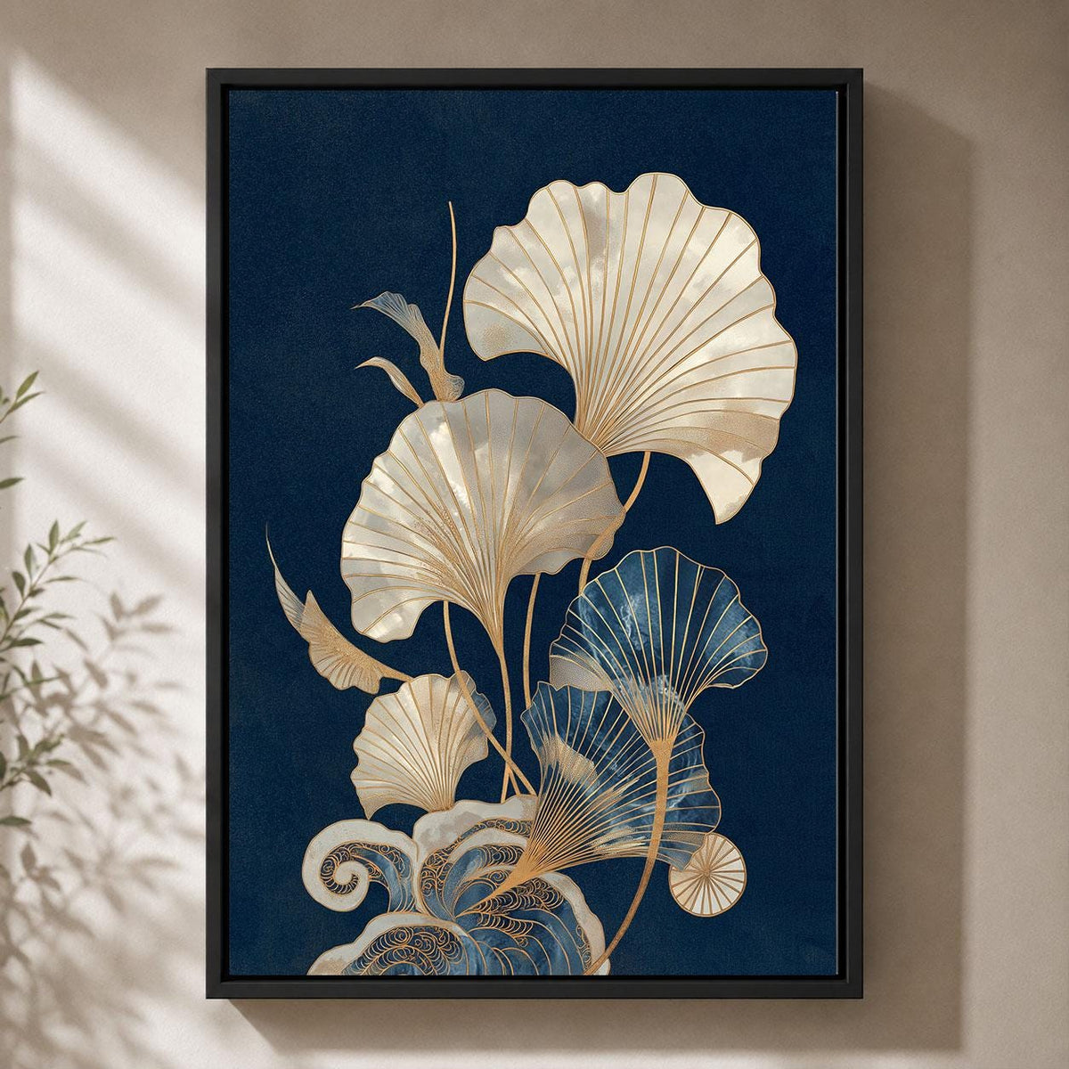 Japanese Ginkgo Navy Blue & Gold Botanical Art Deco Inspired Leaf Framed Canvas