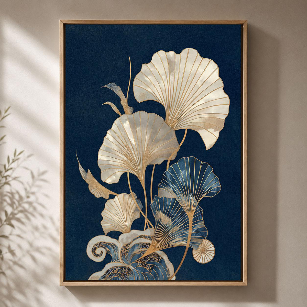 Japanese Ginkgo Navy Blue & Gold Botanical Art Deco Inspired Leaf Framed Canvas