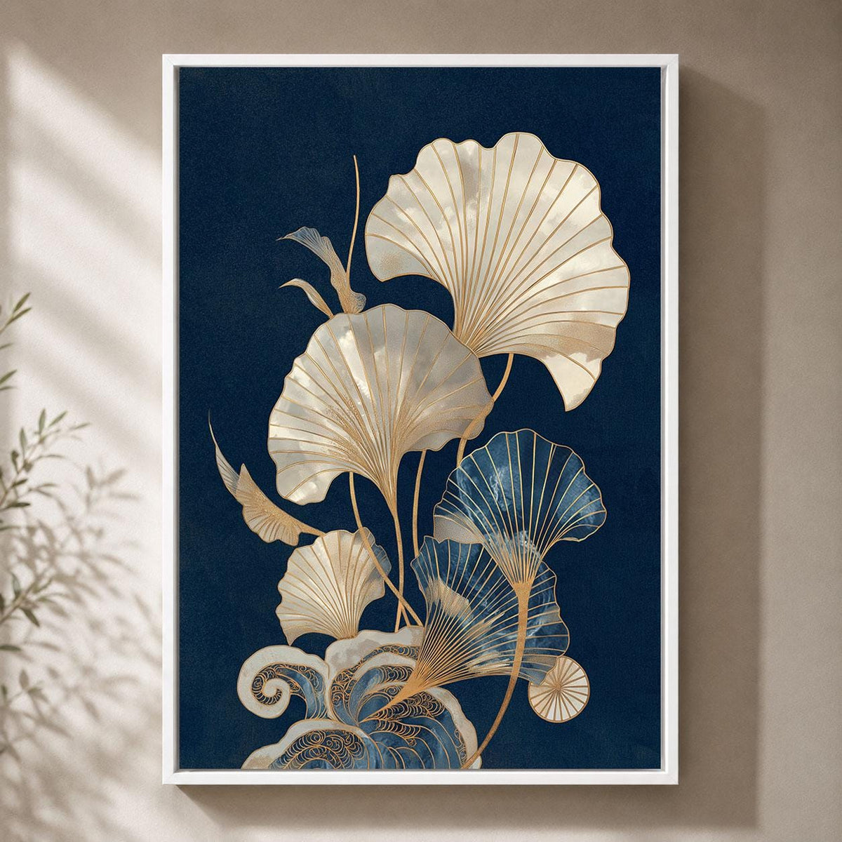 Japanese Ginkgo Navy Blue & Gold Botanical Art Deco Inspired Leaf Framed Canvas